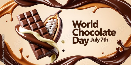 Glossy Dark Chocolate Bar with Cocoa Beans and Melted Drizzle on World Chocolate Day Background