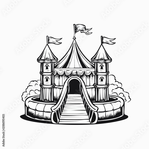 Whimsical Castle Bounce House with Flags and Entry Ramp