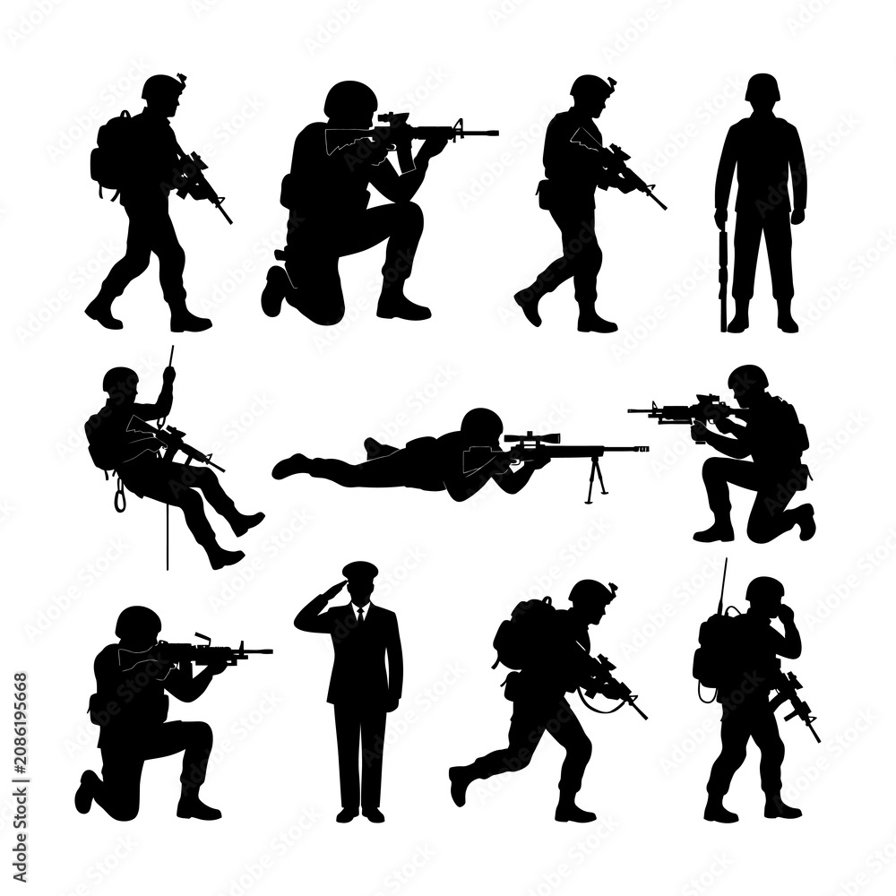 Fototapeta premium Military Soldier Silhouettes in Various Combat Poses With Rifles and Tactical Gear Set