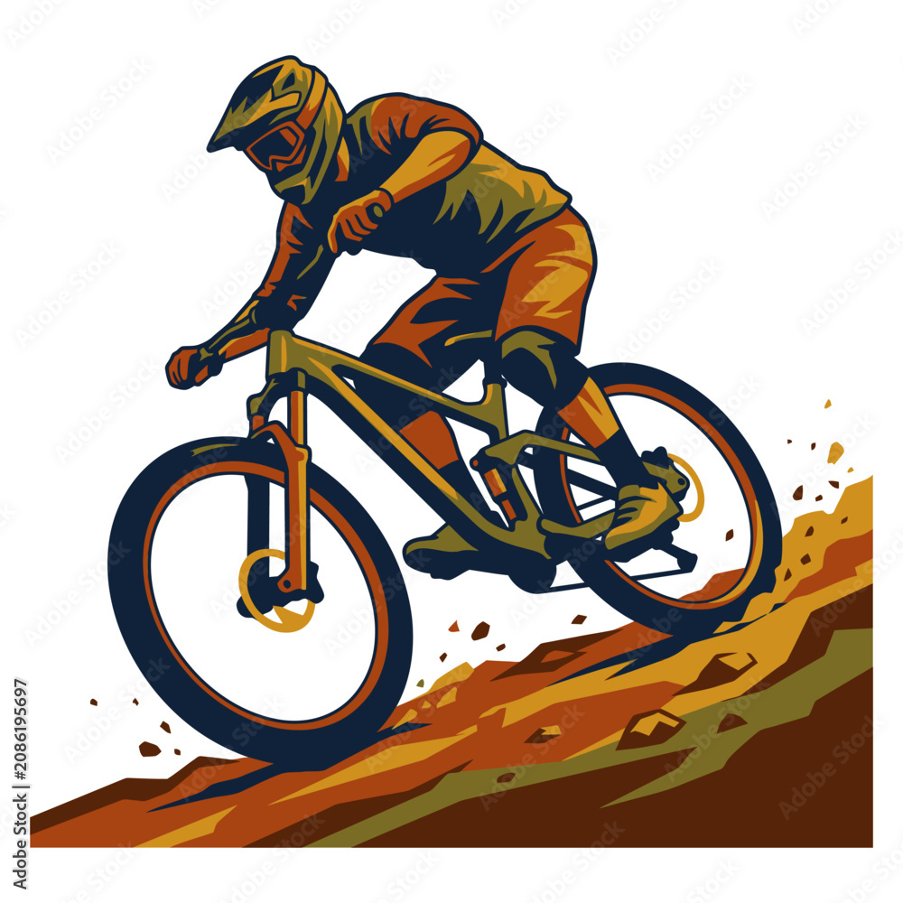 Obraz premium Mountain Biking Cyclist Racing Downhill On Rocky Trail With Helmet And Full Suspension Bike