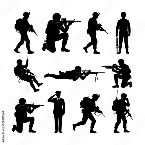 Fotografie Military Soldier Silhouettes in Various Combat Poses With Rifles and Tactical Ge