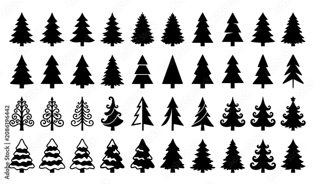 Obraz premium Christmas Tree Silhouette Collection Black Vector Icon Set