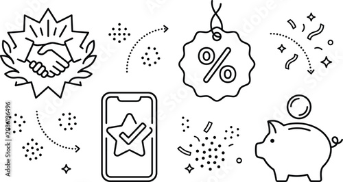 E-commerce reward and business deal line icon set featuring handshake, discount tag, and piggy bank.