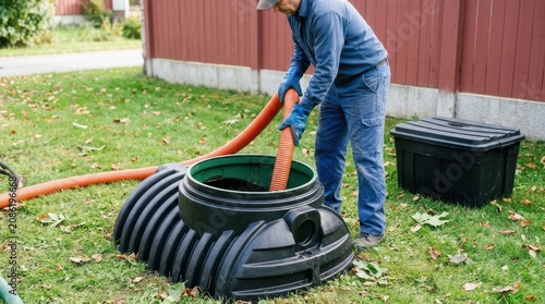 Professional septic tank cleaning service in a residential backyard