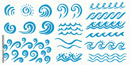Obraz na plátne Blue wave pattern illustrations swirling lines and repeating curves on white