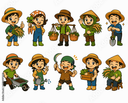 Cute Farmer Character Set Cartoon Agriculture Illustrations Happy Workers Collection