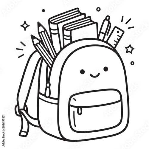 Smiling cartoon backpack with school supplies.