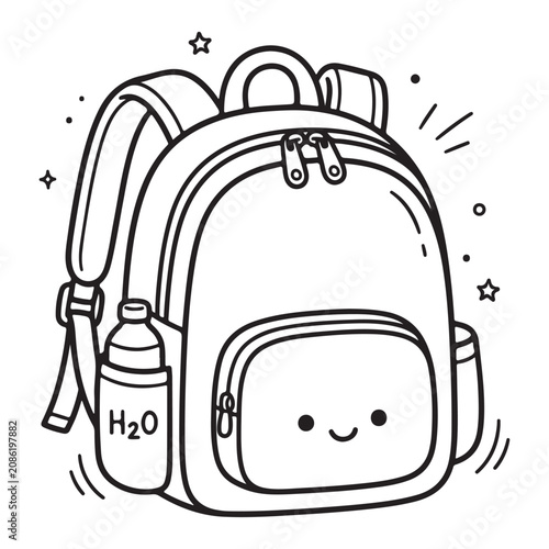 Smiling cartoon backpack with water bottle.