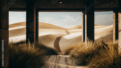 Golden desert landscape view through concrete pillars with landscape, concrete