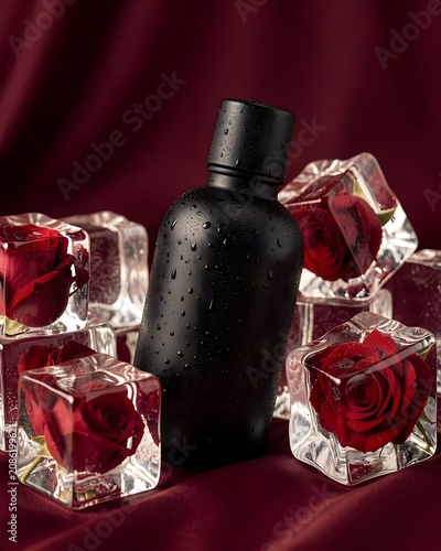 Black bottle on ice cube