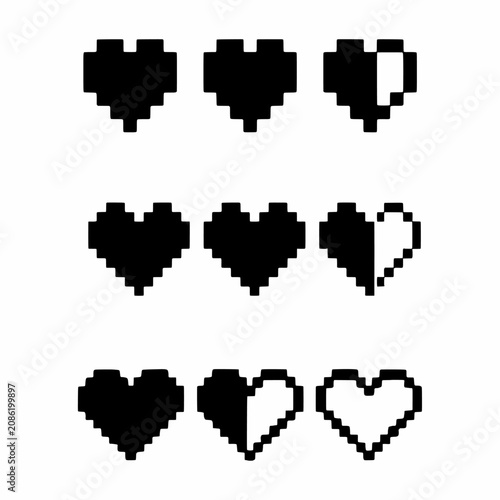 Retro pixel art heart health and life bar silhouette icon set vector design