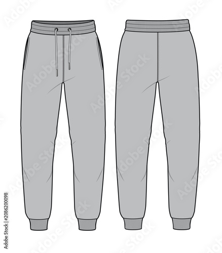 Sweatpants front and back view flat drawing vector mockup template.