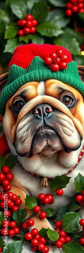 Furry bulldog in holiday finery with green elf hat on its head, surrounded by festive holly and red berries, Elf Hat, Cute