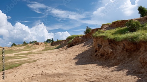 Expansive Arid Landscape with Grass Tufts and Dramatic Cloud Formation Under Bright Blue Sky