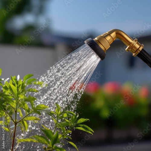 Close-Up of Watering Can Spraying Water on Green Plant in Home Garden Environment
