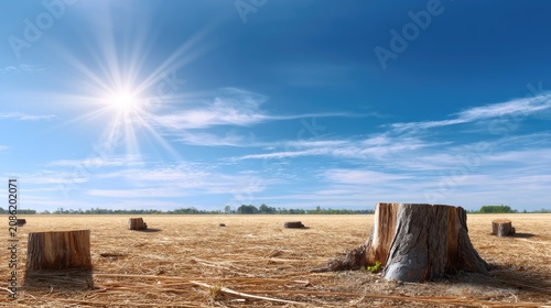Stumps Remain After Deforestation, Bright Sunlight and Clear Sky in Open Field Landscape