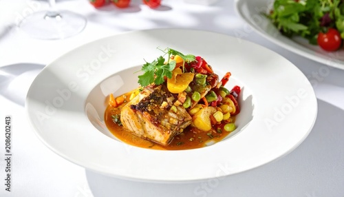 Delicious seafood dish on white plate.