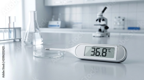 Digital thermometer on laboratory counter top surface.