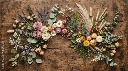 Floral arrangement on wooden background.