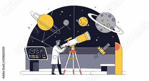 Astronomer scientist observing planets and stars using a professional telescope in a space observatory.