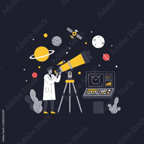 Astronomer using a telescope to observe planets and stars in deep space.