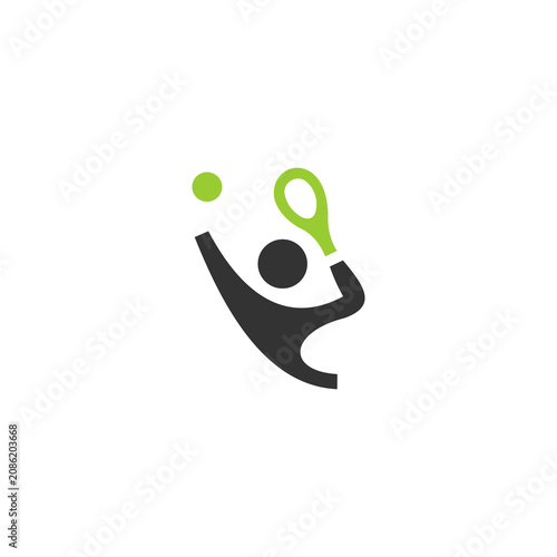 A stylized, modern vector illustration depicting a simplified human figure serving or hitting a tennis ball with a racket, capturing action and athletic movement.