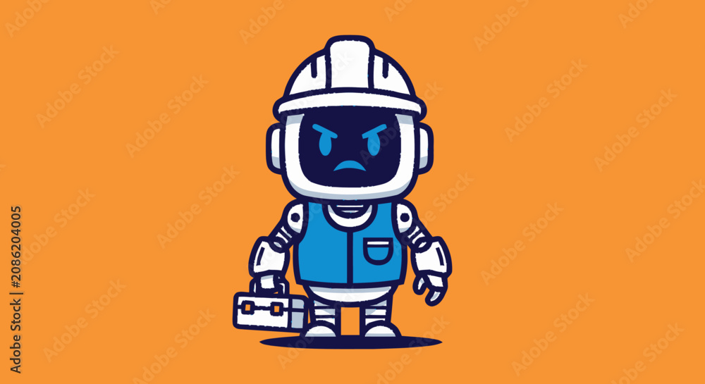 Fototapeta premium Cute Angry Robot Construction Worker Character Wearing Hard Hat and Carrying Toolbox Illustration.