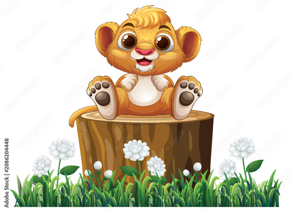 Fototapeta premium Cute Cartoon Lion Cub Sitting on a Tree Stump in Grass