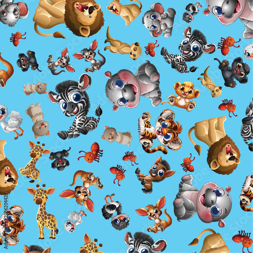 Seamless Vector Pattern with Cute Cartoon African Safari Animals