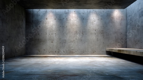 Minimalistic interior of an empty room with concrete walls and lighting for modern architecture design concepts