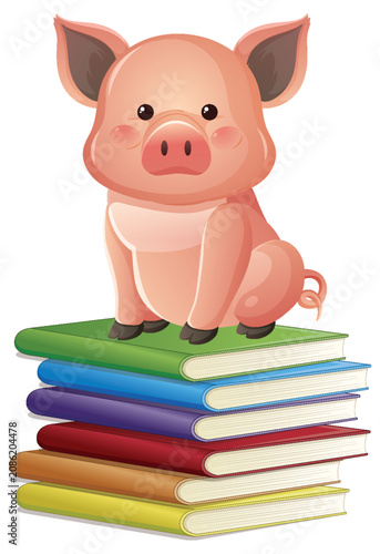 Cute Pink Piglet Character Sitting Atop a Stack of Colorful Hardcover Books