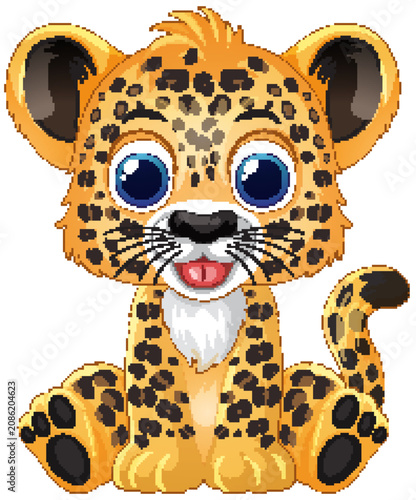 Cute Cartoon Leopard Cub Sitting on White Background
