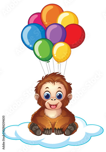 Cute Baby Orangutan Sitting on Cloud with Colorful Balloons Illustration