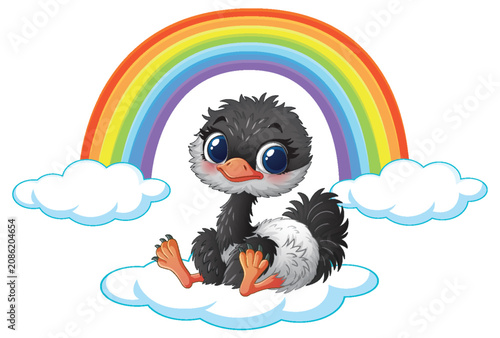 Cute Cartoon Baby Ostrich Sitting on a Cloud Under a Rainbow