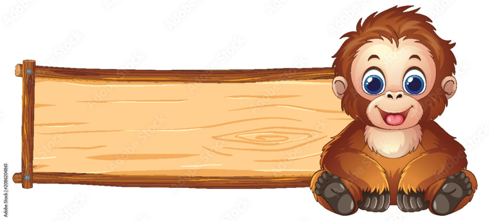 Fototapeta premium Cartoon Orangutan Sitting Next to a Blank Wooden Sign