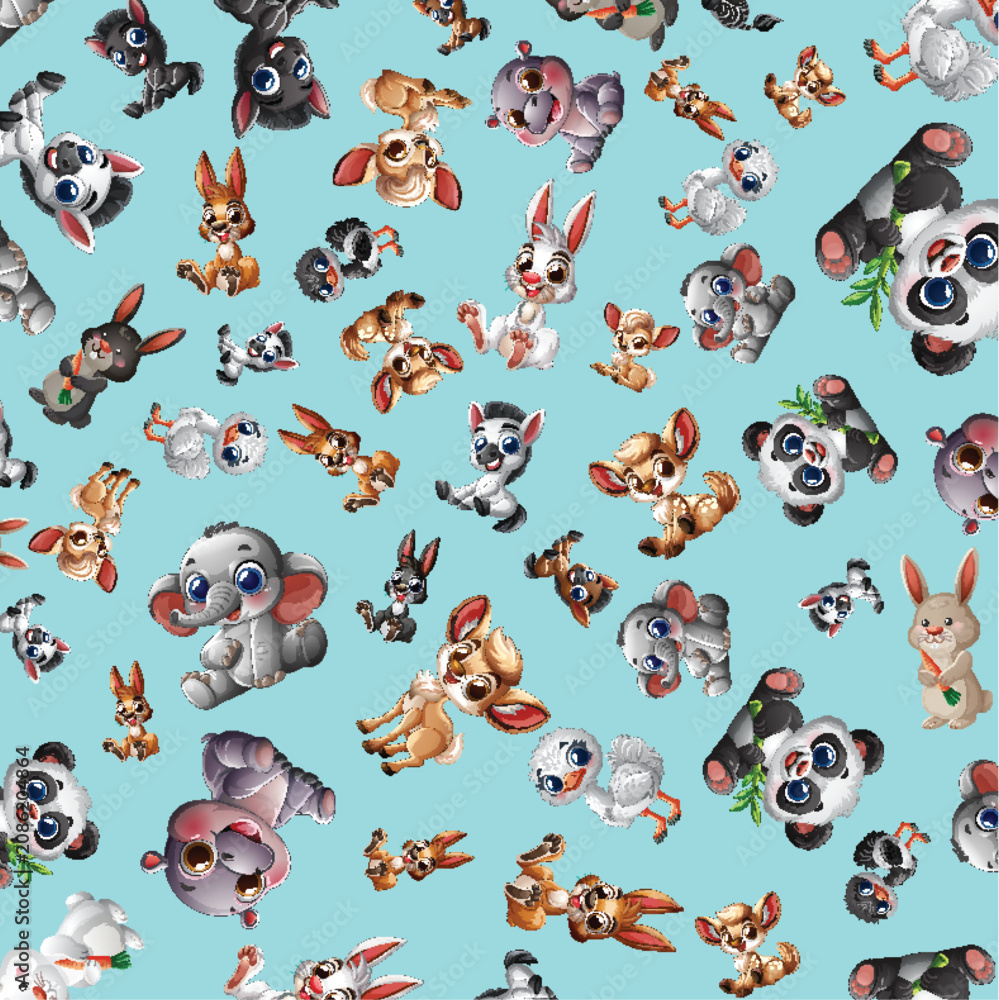 Fototapeta premium Seamless Vector Pattern of Cute Cartoon Baby Safari Animals