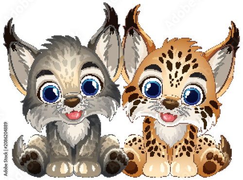 Pair of Adorable Vector Lynx Kittens with Big Blue Eyes