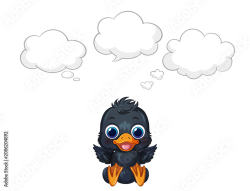 Cartoon Black Duckling Sitting with Three Empty Thought Bubbles