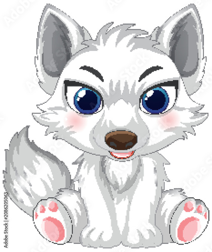 Adorable White Baby Wolf Character Sitting Frontal View Vector Art