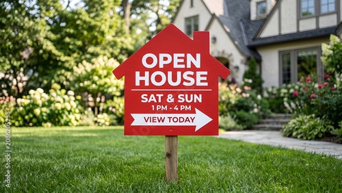 Red Open House Real Estate Sign in Front Yard of Residential Home.