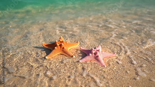 Two Vibrant Tropical Starfish Resting Gently on the Moist Sandy Shoreline Under Soft Sunlight at the Ocean Edge