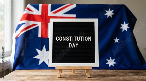 Display of Australian Constitution Day flag with stars and text on wooden surface