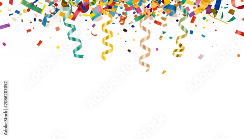 Colorful confetti and curling ribbons isolated on a transparent background.