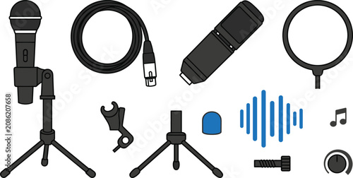 Bild auf Leinwand Vector audio podcasting equipment icon set featuring microphone stand usb cable audio interface pop filter sound wave soundproof foam music note and dial