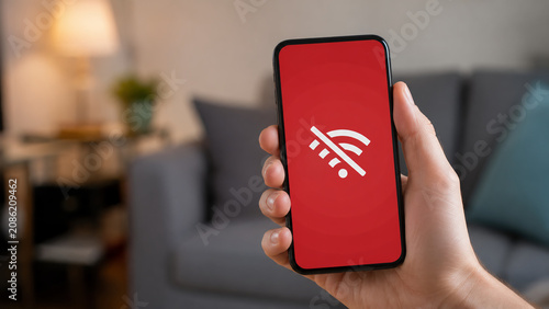 A hand holds a smartphone displaying a red screen with a no Wi-Fi signal icon, indicating no internet connection indoors.