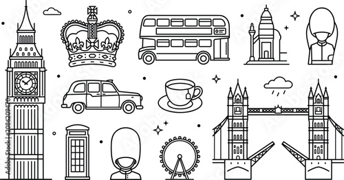 Fotografie London travel landmarks and United Kingdom culture line icon set featuring Big Ben, Tower Bridge, double decker bus, and crown