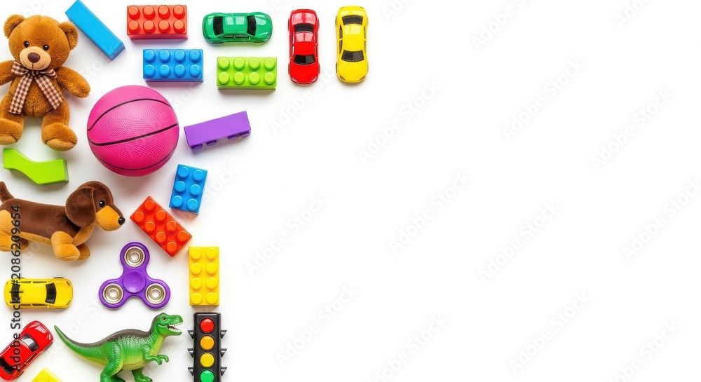 Obraz premium Colorful Children's Toys Flat Lay with Teddy Bear, Cars, and Building Blocks on White Background with Copy Space
