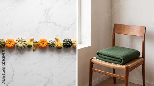 Autumn interior diptych with mini pumpkins and cozy wooden chair