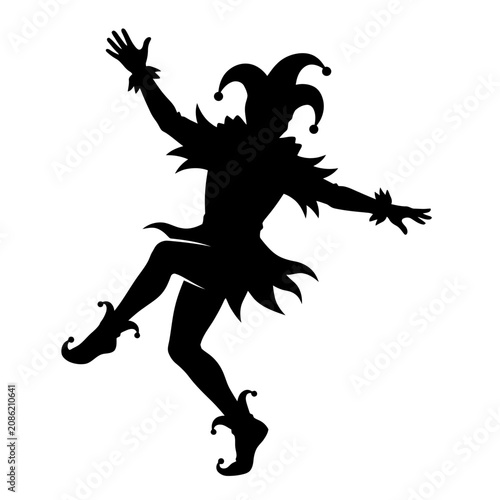 Foto Medieval jester silhouette dancing in traditional costume, court fool character