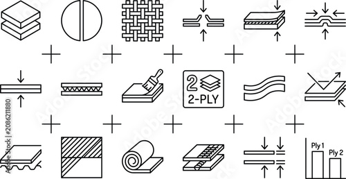 Foto Plywood manufacturing and material layers line icons set with corrugated sheets